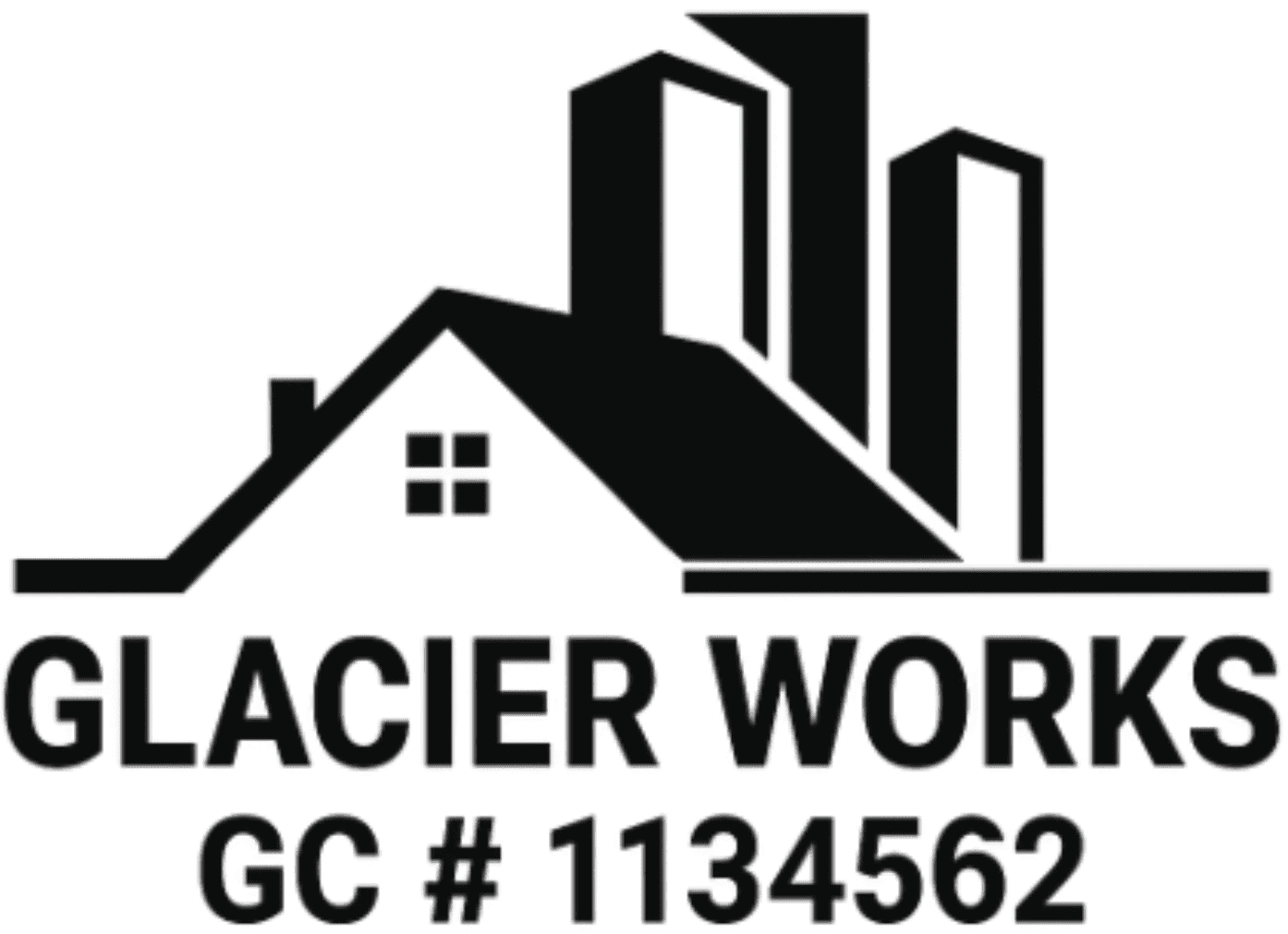Untitled design Logo for Glacier Works featuring a house roof and skyscrapers, with text "Glacier Works GC # 1134562.